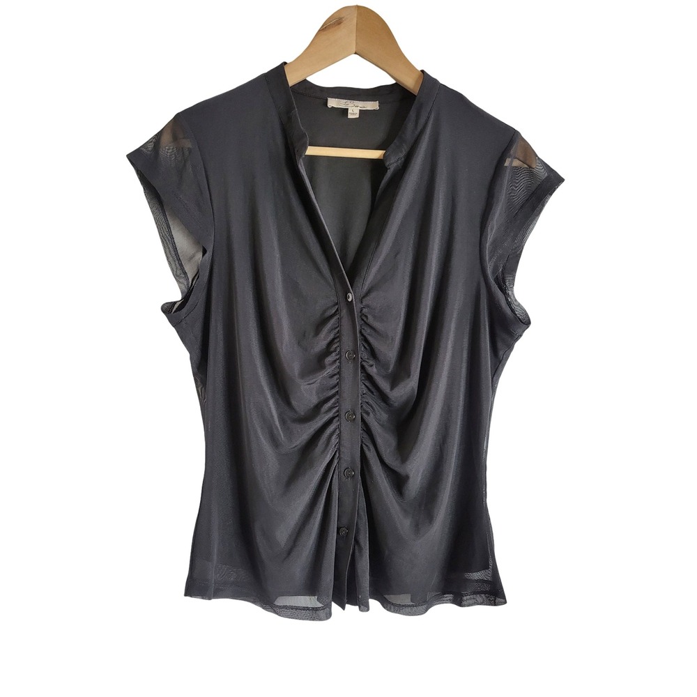 Les Serein Black Sheer Mesh Ruched Button Front Cap Sleeve Top L Whimsigoth